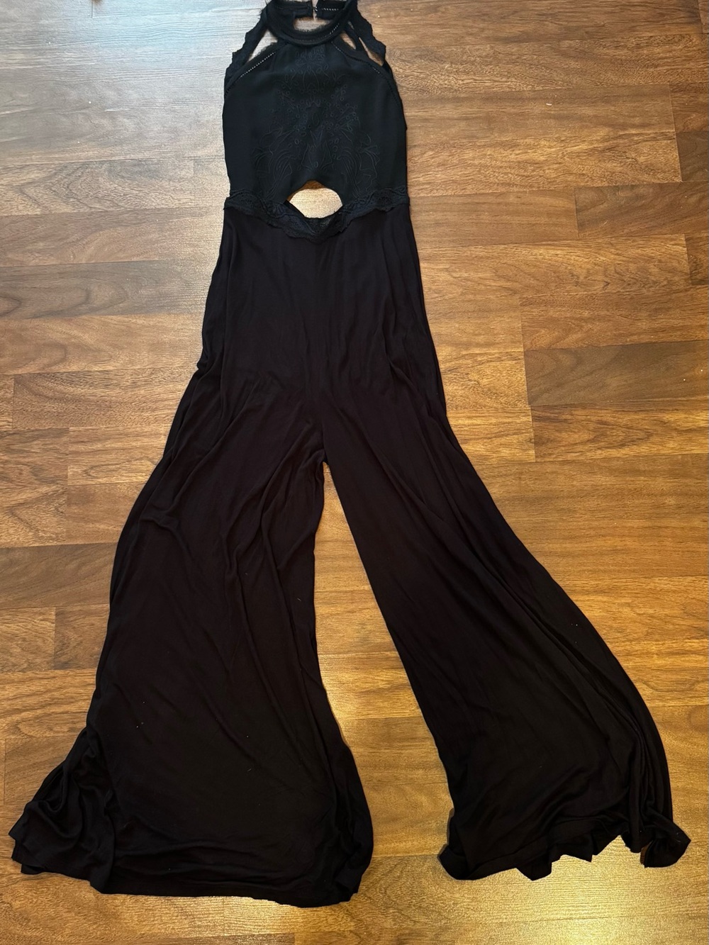 Free People Vintage Black Wide Leg Jumpsuit with Embroidery and Cut Out - Size S - Picture 2 of 7